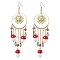 Golden 304 Stainless Steel Sun Chandelier Earrings, Lampwork Mushroom & Glass Nuggets Drop Earrings, Dark Red, 116~120x37~40mm