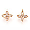 Brass Cubic Zirconia Pendants, Nickel Free, Real 18K Gold Plated, Clover, Clear, Real 18K Gold Plated, 9x8x2mm, Hole: 0.5mm