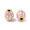 304 Stainless Steel Enamel Beads, Barrel, Real 18K Gold Plated, PVD Vacuum Plating, Pink, 13x11.5mm, Hole: 3mm