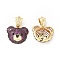 Brass Micro Pave Cubic Zirconia Pendants, Cadmium Free & Lead Free, Bear Head Charms, Golden, Medium Violet Red, 16x18.5x6~6.5mm, Hole: 6x3.5mm