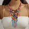 Bohemian Style Alloy Rose Rhinestone and Dyed Feather & Polyester Cloth Rhombus Statement Bib Necklaces for Women, Antique Bronze, Hot Pink, 18.70 inch(47.5cm)