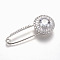 Brass Micro Pave Cubic Zirconia Safety Brooch, Flat Round, Clear, Platinum, 58x24mm, Pin: 1.5mm