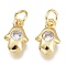 Brass Cubic Zirconia Charms, with Jump Ring, Hamsa Hand/Hand of Fatima/Hand of Miriam, Clear, 8.5x5.5x2.5mm, Hole: 1.5mm, Jump rings: 3.5x0.8mm