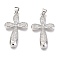 Brass Micro Pave Clear Cubic Zirconia Pendants, Cross, Real Platinum Plated, 31x19x3mm, Hole: 3mm