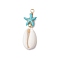 Cowrie Shell & Synthetic Turquoise Starfish Pendants, Shell Shape Charms with Brass Beads, Turquoise Color, Light Gold, 42x14x7mm, Hole: 2.5mm
