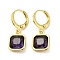 Real 18K Gold Plated Brass Dangle Leverback Earrings, with Square Glass, Purple, 25.5x10.5mm