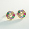 Brass Colorful Cubic Zirconia Stud Earrings, Flat Round, Golden, Letter M, 16x16mm