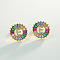 Brass Colorful Cubic Zirconia Stud Earrings, Flat Round, Golden, Letter E, 16x16mm