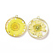 Transparent Clear Epoxy Resin Pendants, with Edge Golden Plated Brass Loops and Gold Foil, Flat Round Charms with Inner Flower, Yellow, 33.8x30x4mm, Hole: 2.5mm