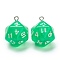 Transparent Acrylic Pendants, with Platinum Plated Iron Findings, Faceted, Dice, Green, 27.5x20x20mm, Hole: 2mm