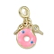 Brass Micro Pave Clear Cubic Zirconia European Dangle Charms, Enamel Large Hole Pendants, Donut & Key, Long-Lasting Plated, Rack Plating, Cadmium Free & Lead Free, Real 18K Gold Plated, 29.5mm, Hole: 4.5mm
