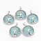 Synthetic Turquoise Pendants, with Brass Findings, Flat Round with Tree of Life, Dyed, Platinum, 30.5x27x8mm, Hole: 7x3mm