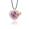 Natural Amethyst Metal Wire Wrapped Heart Pendants, Golden Plated Butterfly Charms, 42x37mm
