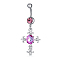 Piercing Jewelry, Brass Cubic Zirconia Navel Ring, Belly Rings, with 304 Stainless Steel Bar, Lead Free & Cadmium Free, Cross, Fuchsia, Platinum, 55x22mm, Bar Length: 3/8