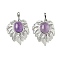Natural Amethyst Pendants, Brass Leaf Charms, Platinum, Rack Plating, 31x21x7.5mm, Hole: 7.5x3.5mm