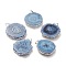 Dyed Natural Druzy Solar Quartz Crystal Pendants, Edge Plated, with Brass Bails, Sunflower, Silver, Steel Blue, 40~50x30~45x5~6mm, Hole: 4x6mm