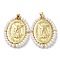 Rack Plating Brass Pendants, with Plastic Imitation Pearls, Cadmium Free & Lead Free, Oval with Saint Charm, Real 18K Gold Plated, 34~35.5x26~26.5x3.5mm, Hole: 3.5x4mm