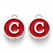 Platinum Plated Alloy Enamel Charms, Cadmium Free & Lead Free, Enamelled Sequins, Flat Round with Letter, Red, Letter.C, 14x12x2mm, Hole: 1.5mm