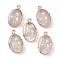 Natural Quartz Crystal Oval Pendants, Golden Plated Brass Rock Crystal Oval Charms with Flower, 22~22.5x13~13.5x4.5mm, Hole: 1.6~1.8mm