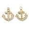 Brass Micro Pave Cubic Zirconia Charms, Cadmium Free & Nickel Free & Lead Free, Anchor Charm, Real 18K Gold Plated, 14x12x2mm, Hole: 1mm