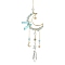 Natural Aquamarine Chips & Brass Moon Pendant Decorations, with Glass Cone and Brass Sun/Star/Moon Charms, for Home Decorations, 325mm