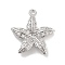 Brass Pave Clear Cubic Zirconia Pendants, Cadmium Free & Nickel Free & Lead Free, Starfish, Platinum, 18.5x16.5x3.5mm, Hole: 1.4mm