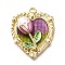 Alloy Enamel Pendants, with ABS Imitation Pearl, Heart with Flower, Rack Plating, Long-Lasting Plated, Lead Free & Cadmium Free & Nickel Free, Golden, Purple, 27.5x22.5x9mm, Hole: 1.5mm