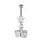 316L Surgical Stainless Steel Pave Cubic Zirconia Star Dice Curved Barbell Dangle Belly Rings, Stainless Steel Color, Clear, 45mm
