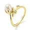 Flower Natural Pearl Cuff Ring with Rhinestone, Brass Finger Ring, Real 14K Gold Plated, Inner Diameter: 17.5~18mm