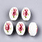Printed & Spray Painted Opaque Glass Beads, Oval with Floral Pattern, White, 15x10mm, Hole: 1.6mm