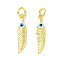 Real 18K Gold Plated Brass Pendants, Cadmium Free & Nickel Free & Lead Free, with Enamel and Jump Ring, Evil Eye, Feather, 23x5x2.5mm, Hole: 4mm