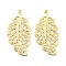 Brass Pendants, Leaf Charms, Real 18K Gold Plated, 33.5x17x0.5mm, Hole: 1mm