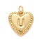 Rack Plating Real 18K Gold Plated Brass Pendants, with Jump Rings, Long-Lasting Plated, Lead Free & Cadmium Free & Nickel Free, Heart with Letter A~Z, Letter.U, 16x15x2.5mm, Jump Ring: 5x0.5mm, 3mm Inner Diameter
