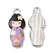 Alloy Enamel Pendants, Cadmium Free & Nickel Free & Lead Free, Platinum, Japanese Doll Charm, Plum, 21x8.5x2mm, Hole: 2mm