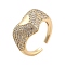 Clear Cubic Zirconia Open Cuff Rings, Cadmium Free & Lead Free, Heart Brass Finger Rings for Women, Golden, 3mm, Adjustable