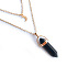 Natural Obsidian Double Terminated Pointed Bullet & Moon Alloy Pendant Double Layer Necklaces for Women, Golden, 13.78 inch(35cm)
