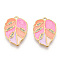 Real 18K Gold Plated 304 Stainless Steel Rhinestone Pendants, with Enamel, Leaf Charms, Hot Pink, 21.5x16x2mm, Hole: 1mm