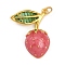 Brass Enamel Pendants, with Rhinestone and Jump Ring, Golden, Fruits Charmn, Strawberry, 28x22x7mm, Hole: 3.4mm
