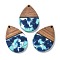 Resin and Walnut Pendants, Teardrop, Marine Blue, 36.5x24.5x2.5mm, Hole: 2mm