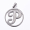 Non-Tarnish 304 Stainless Steel Pendants, Flat Round with Letter, Stainless Steel Color, Letter.P, 28x25x1.2mm, Hole: 6x3.5mm