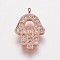 Brass Cubic Zirconia Charms, Hamsa Hand/Hand of Fatima/Hand of Miriam, Rose Gold, 12.5x8.5x2mm, Hole: 1mm