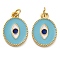 Brass Enamel Pendants, with Jump Ring, Cadmium Free & Lead Free, Real 18K Gold Plated, Oval with Eye Charms, Turquoise, 18.5x13x1.8mm, Hole: 3.4mm