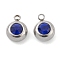 201 Stainless Steel Rhinestone Charms, Birthstone Charms, Flat Round, Stainless Steel Color, Sapphire, 12x9x5mm, Hole: 1.8mm