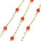 Brass Round Link Chains, with Glass, Real 18K Gold Plated, Soldered, Cadmium Free & Nickel Free & Lead Free, with Spool, Orange Red, 12.5x4x4mm