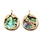 Brass & Paua Shell & Clear Cubic Zirconia Pendants, Flat Round with Star Pattern Charms, Real 18K Gold Plated, 21.5x17x3.5mm, Hole: 4x2mm