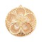 Rack Plating Brass Hollow Pendants, Flat Round with Flower Charm, Light Gold, 38x35x5mm, Hole: 1.6mm