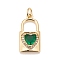 Brass Micro Pave Cubic Zirconia Pendants, Real 18K Gold Plated, Lead Free & Cadmium Free, Lock, Dark Green, 20x11x5mm, Hole: 3mm