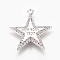 Brass Cubic Zirconia Pendants, Star with Word, Clear, Platinum, 24.5x22.5x2mm, Hole: 1.8mm