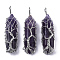 Natural Amethyst Big Wire Wrapped Pointed Pendants, with Brass Wires, prismatic with Tree of Life, Platinum, 48~62x14~17x13~18mm, Hole: 4x5~6mm