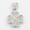 CZ Lucky Jewelry Brass Micro Pave Cubic Zirconia Four Leaf Clover Charms Pendants, Grade AAA, Lead Free & Cadmium Free & Nickel Free, Platinum, 15x12x2mm, Hole: 4x3mm
